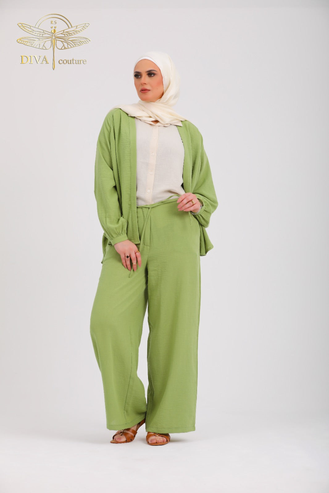 Green Comfy Suit with Leather Braided Belt