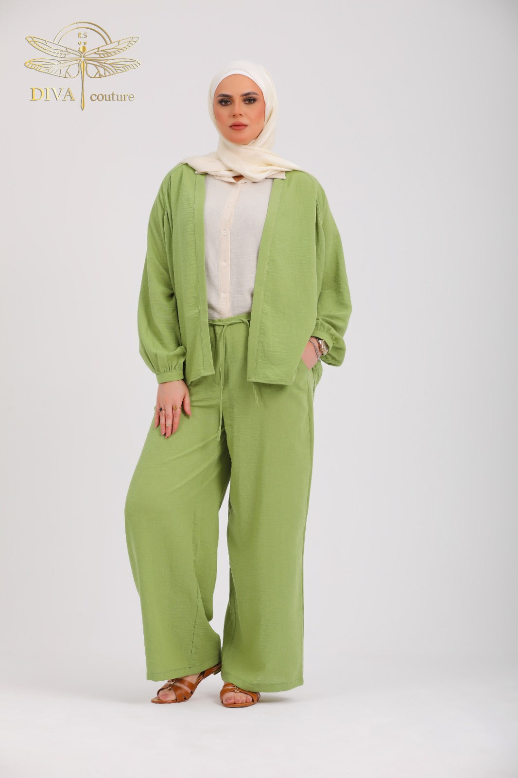 Green Comfy Suit with Leather Braided Belt