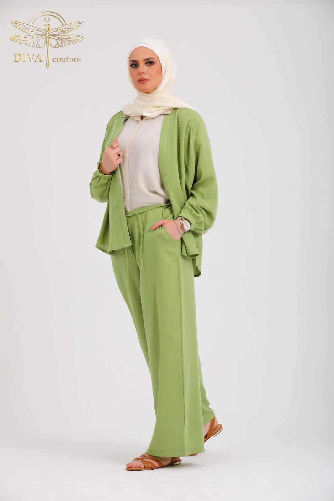 Green Comfy Suit with Leather Braided Belt