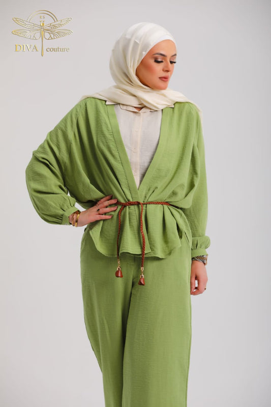 Green Comfy Suit with Leather Braided Belt