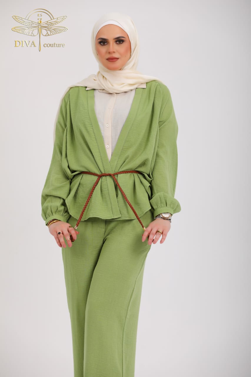 Green Comfy Suit with Leather Braided Belt